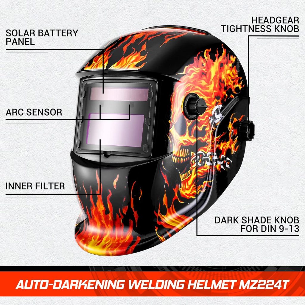 DEKORPO Welding Helmet Auto Darkening: True Color Solar Powered Auto Darkening Welding Helmets Welder Mask Hood (Skull Design)