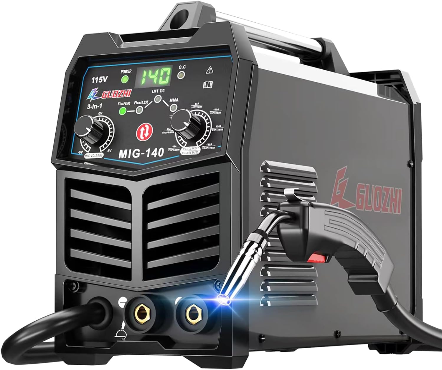 gz guozhi 140amp mig welder 110v flux core migsticklift tig 3 in 1 multiprocess welding machine with synergy igbt invert 5