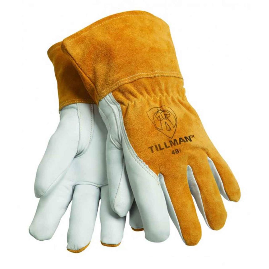 John Tillman and Co Medium Brown Top Grain Goatskin Fleece Lined Standard Grade MIG Welders Gloves with Straight Thumb, 3 12 Cuff, Kevlar Stitching and Elastic Back