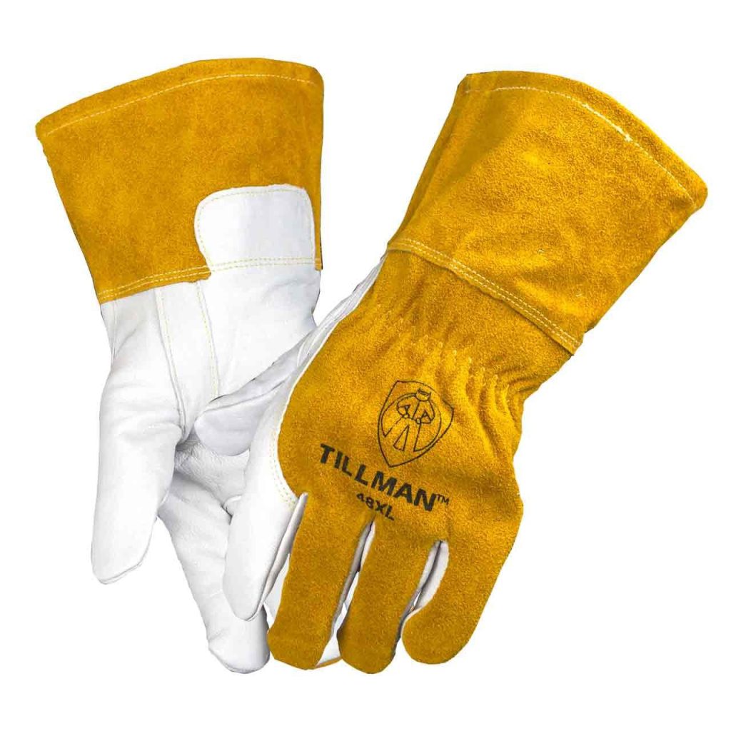 John Tillman and Co Medium Brown Top Grain Goatskin Fleece Lined Standard Grade MIG Welders Gloves with Straight Thumb, 3 12 Cuff, Kevlar Stitching and Elastic Back