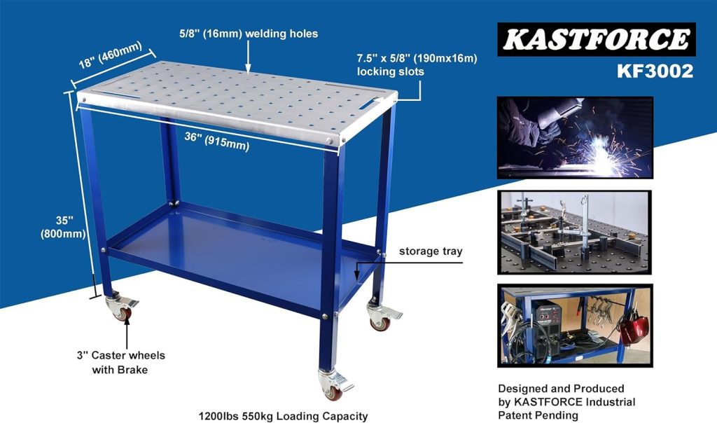 KASTFORCE KF3002 36”×18” Welding Table 1200 lbs Loading Capacity, Wedling Cart Universal Work Table with 5/8 Holes, Top Thickness up to 10Ga, Withstands Heat up to 1600 Fahrenheit