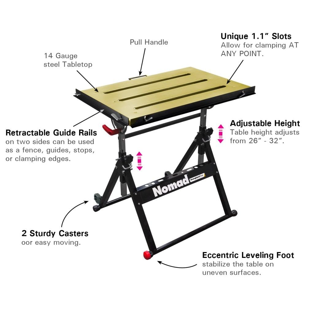 Steel Welding Table, 1.1″ (28mm) Tabletop Slots, Adjustable Angle  Height, Casters, Retractable Guide Rails, Eccentric Leveling Foot, TS3020