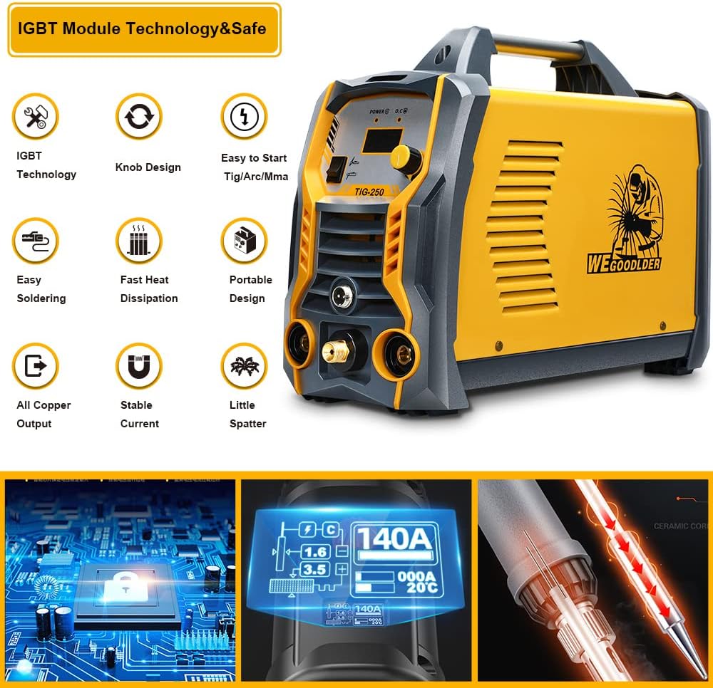 WEGOODLDER Tig Welder Welding Machine - 110/220V Dual Voltage Tig/Stick/Arc Welder 250 Amp Tig Welding Machine with Electrode Holder Work Clamp Torch