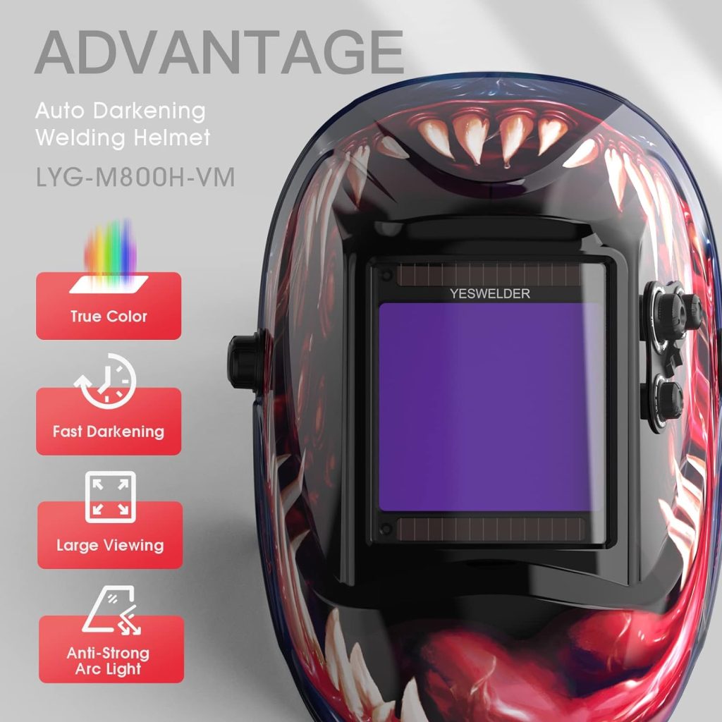 YESWELDER Large Viewing Screen 3.93X3.66 True Color Solar Power Auto Darkening Welding Helmet, 4 Arc Sensor Wide Shade 4/5-9/9-13 for TIG MIG Arc Weld Grinding Welder Mask LYG-M800H