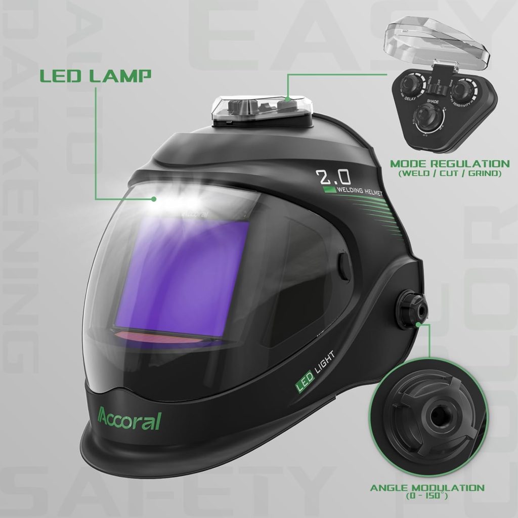 1/1/1/1 Large Viewing Auto Darkening Welding Helmet True Color Solar Powered Weld Hood Wide Shade 4/8.5-12.5 for TIG MIG Arc LYG 850BS