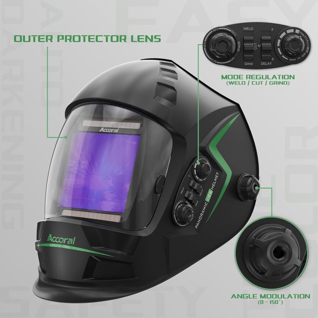 1/1/1/1 Large Viewing Auto Darkening Welding Helmet True Color Solar Powered Weld Hood Wide Shade 4/8.5-12.5 for TIG MIG Arc LYG 850BS