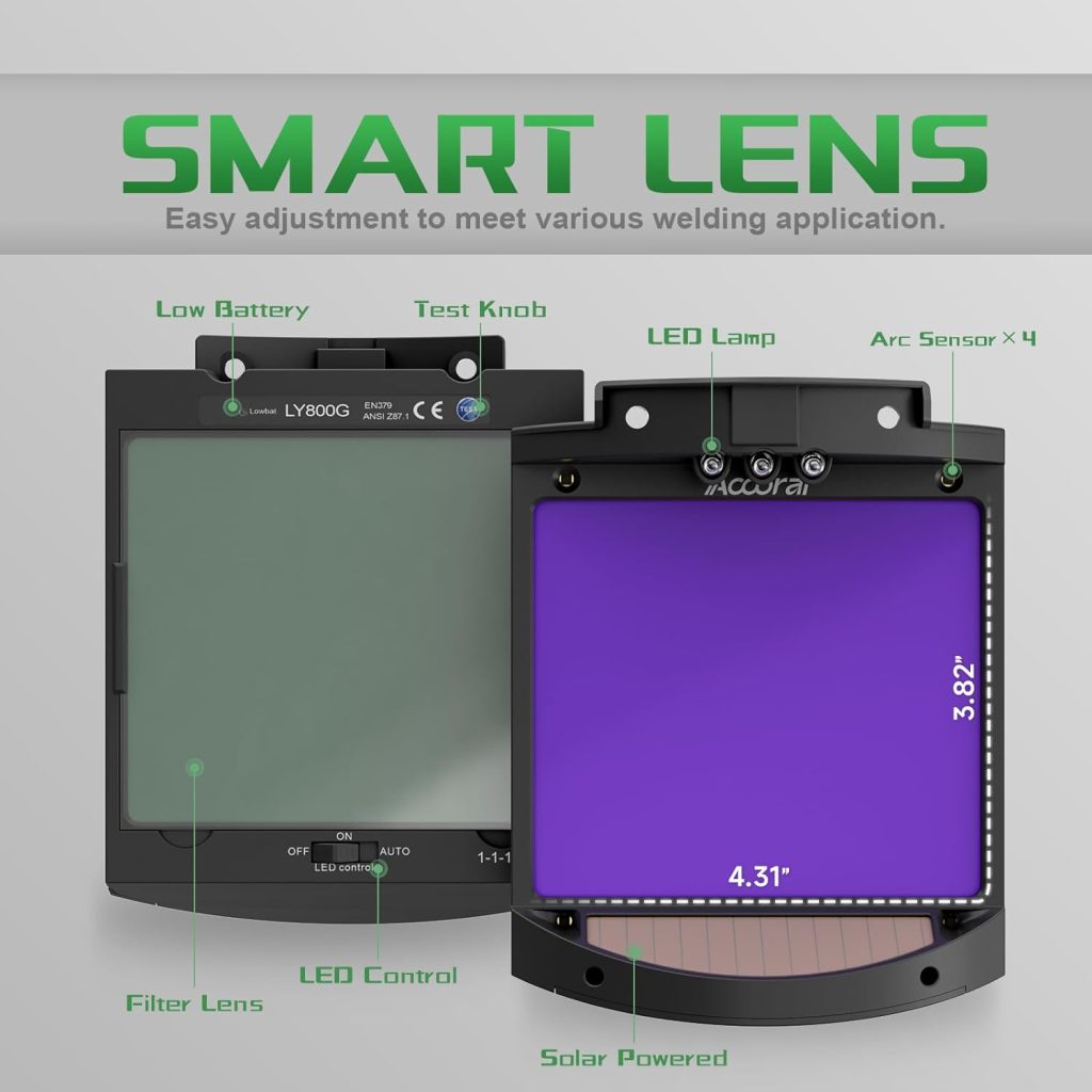 1/1/1/1 Large Viewing Auto Darkening Welding Helmet True Color Solar Powered Weld Hood Wide Shade 4/8.5-12.5 for TIG MIG Arc LYG 850BS