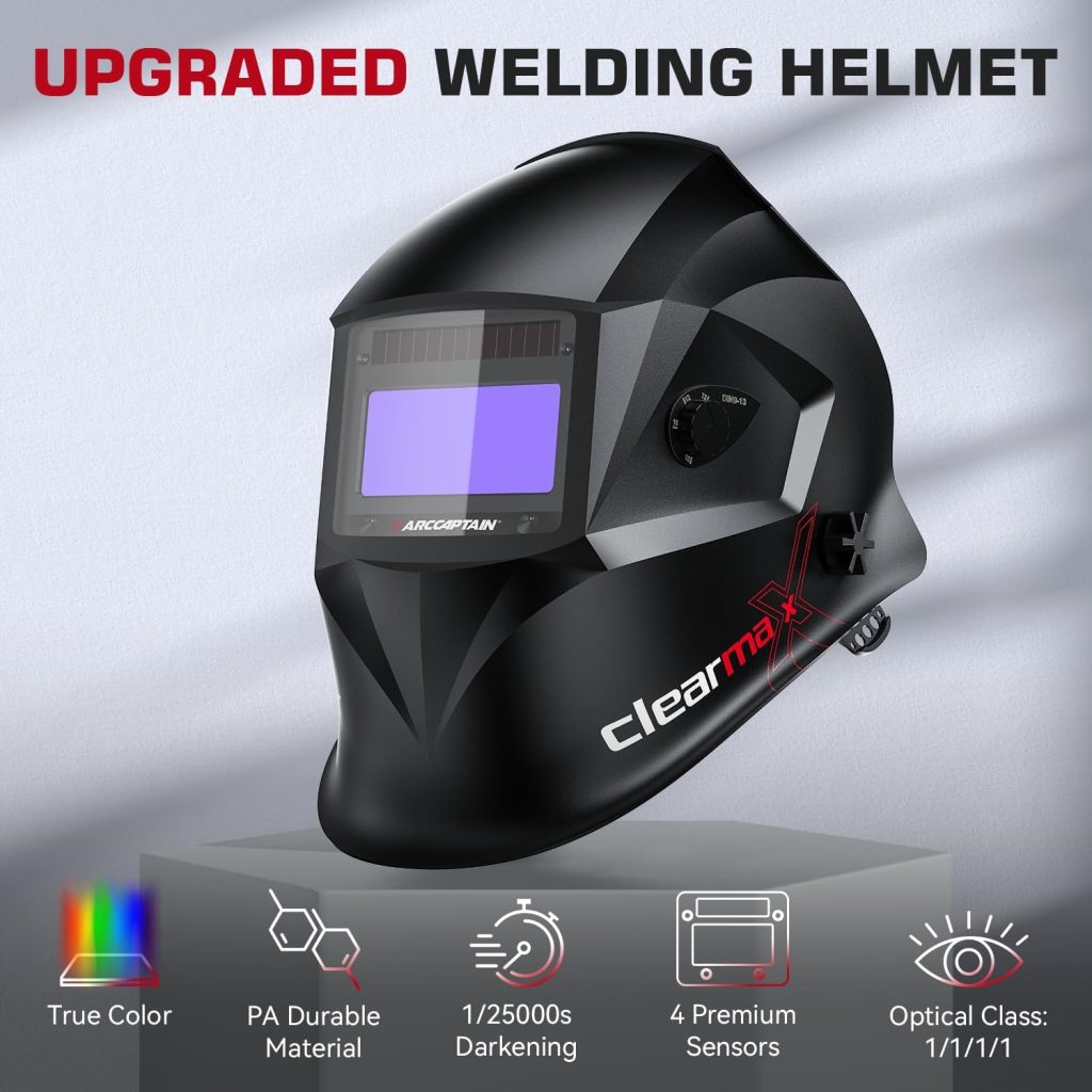 ARCCAPTAIN Large Viewing Screen Welding Helmet, 1/1/1/1 Top Optical Clarity Auto Darkening Welding Hood, 4 Arc Sensor 1/25000s Response Time True Color Ultra Light Welding Helmet with Adjustable Shade