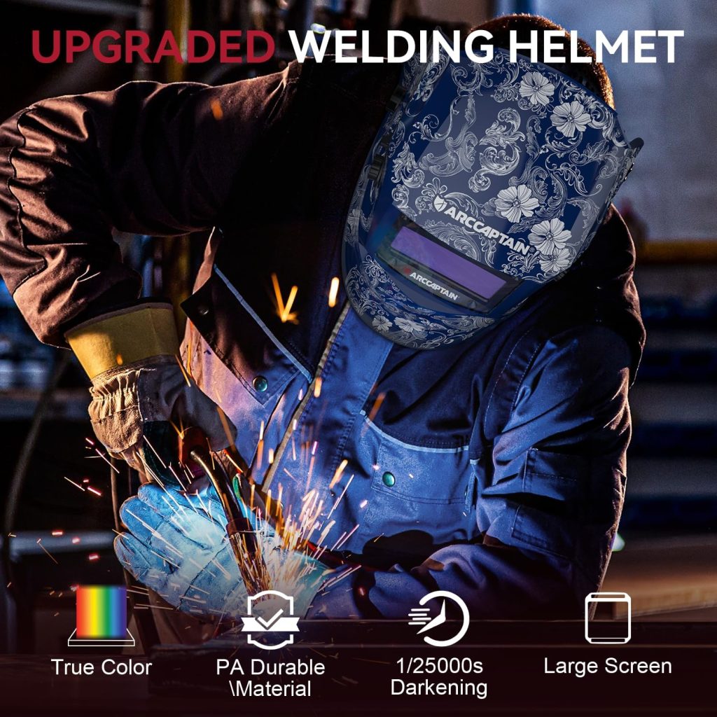 ARCCAPTAIN Large Viewing Screen Welding Helmet, 1/1/1/1 Top Optical Clarity Auto Darkening Welding Hood, 4 Arc Sensor 1/25000s Response Time True Color Ultra Light Welding Helmet with Adjustable Shade