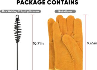 arcfony 4pcs welding slag removal tool set include a pair welding gloves 10 welding chipping hammer with coil spring han 2