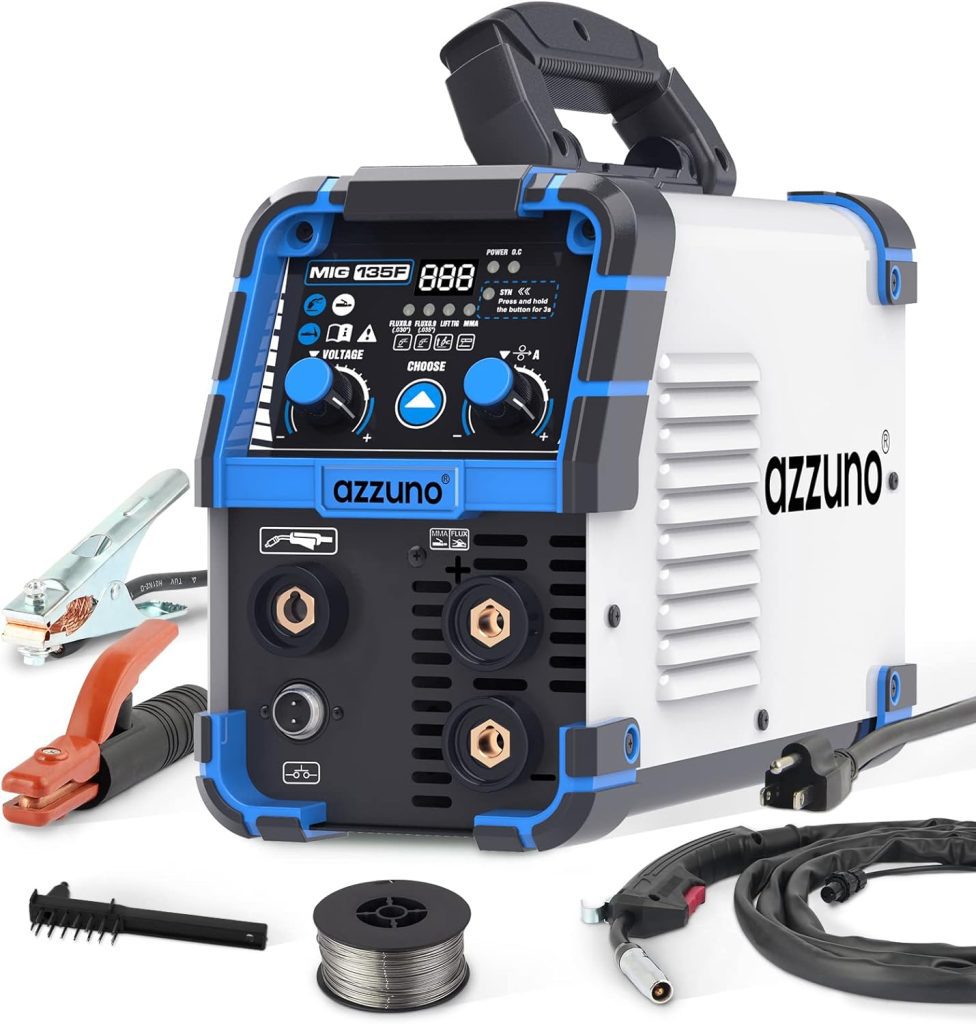 AZZUNO 135 Amp MIG Welder, 3 in 1 Multiprocess Welder 110V Flux Core Welder Flux MIG/Lift TIG/Stick Welding Machine Synergic Control IGBT Inverter Welder (volts, 110)