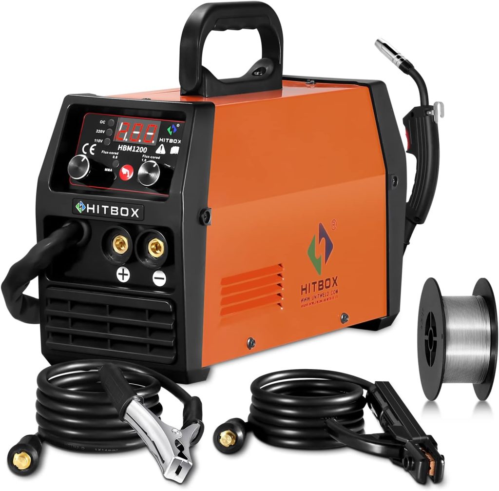 HITBOX 140A MIG Welder Gasless, 110V/220V Dual Voltage Flux Core Welder Flux MIG/Lift TIG/Stick 3 In 1 Synergy MIG Welding Machine With Torch Clamp and 0.8mm Flux Wire