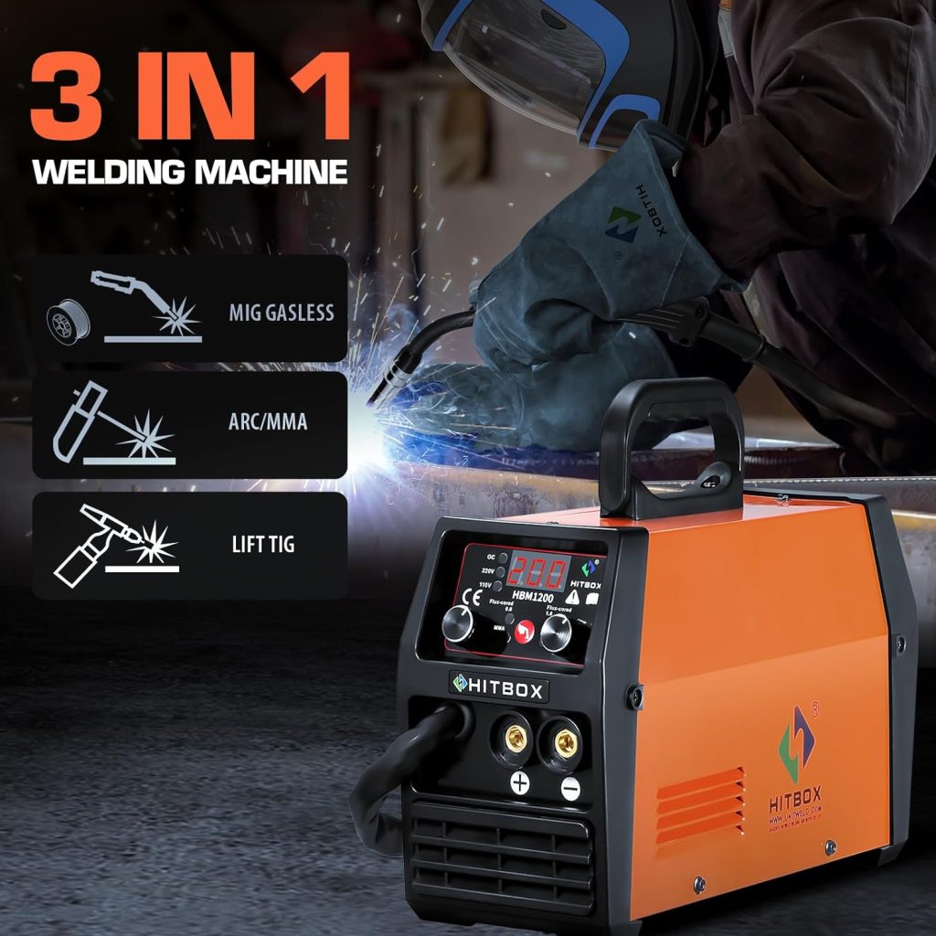 HITBOX 140A MIG Welder Gasless, 110V/220V Dual Voltage Flux Core Welder Flux MIG/Lift TIG/Stick 3 In 1 Synergy MIG Welding Machine With Torch Clamp and 0.8mm Flux Wire