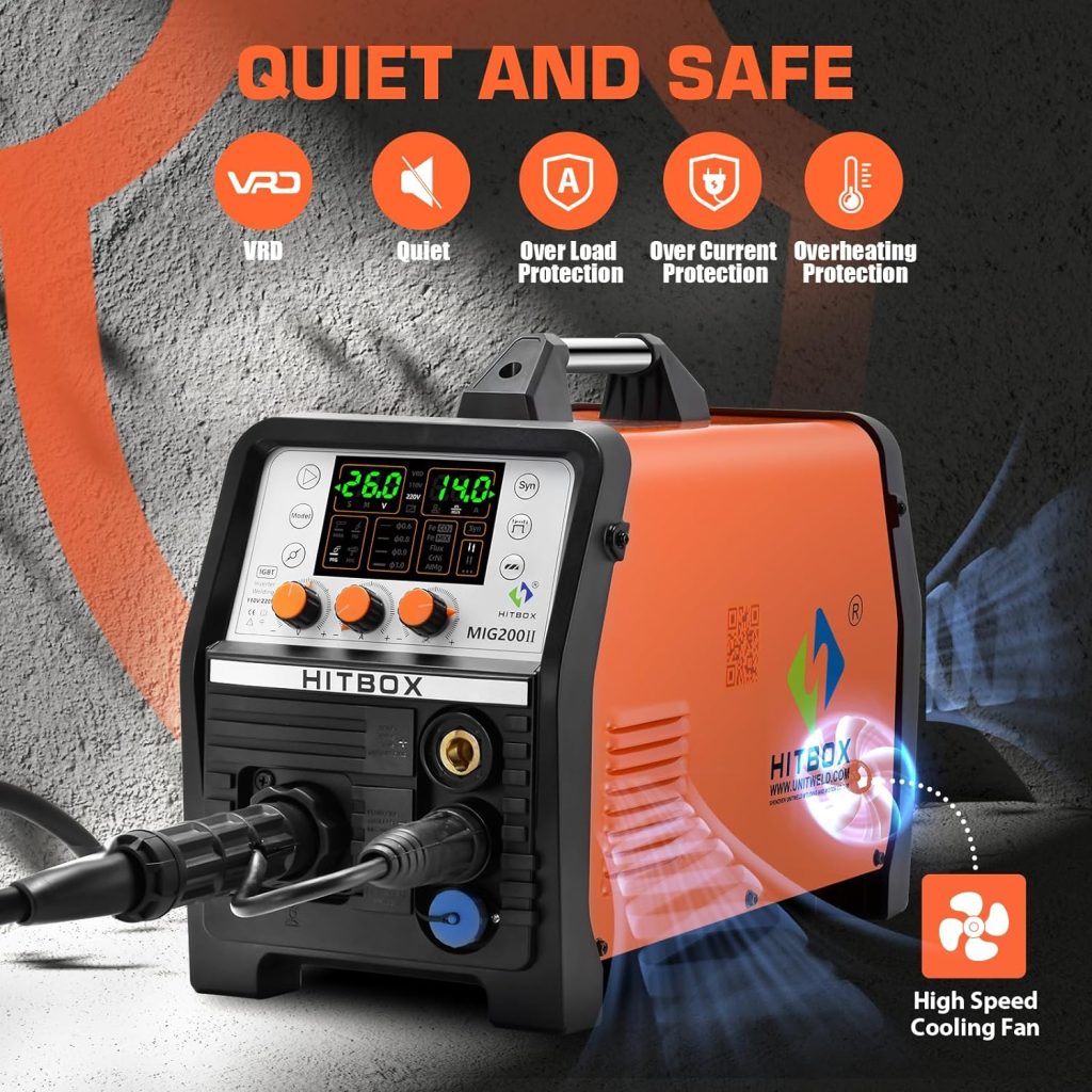 HITBOX 6 in 1 MIG Welder, Ture 200Amp Multi process Aluminum Flux Core Welder 110V 220V Synergic Gas MIG/Gasless MIG/ARC/Lift TIG/Spool Gun/IGBT Quiet Inverter Welder With Digital LCD Display