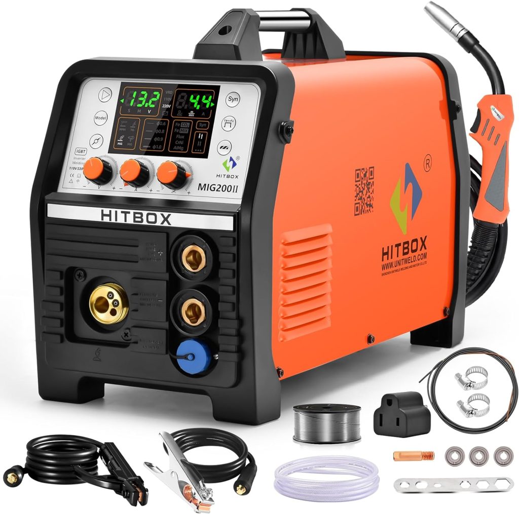 HITBOX 6 in 1 MIG Welder, Ture 200Amp Multi process Aluminum Flux Core Welder 110V 220V Synergic Gas MIG/Gasless MIG/ARC/Lift TIG/Spool Gun/IGBT Quiet Inverter Welder With Digital LCD Display