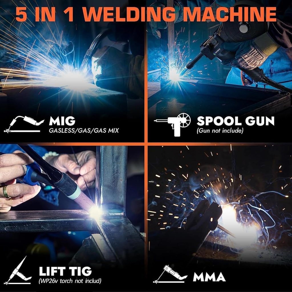 HITBOX 6 in 1 MIG Welder, Ture 200Amp Multi process Aluminum Flux Core Welder 110V 220V Synergic Gas MIG/Gasless MIG/ARC/Lift TIG/Spool Gun/IGBT Quiet Inverter Welder With Digital LCD Display