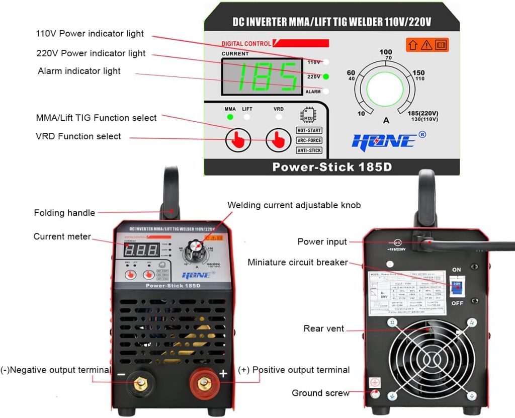 HONE ARC Welder, Actual 185Amp 110V/220V Stick Welder with Lift Tig Function, Digital IGBT Inverter Welding Machine with Hot Start Arc Force Anti-Stick VRD, High Duty Cycle for 1/16-5/32 Welding Rod