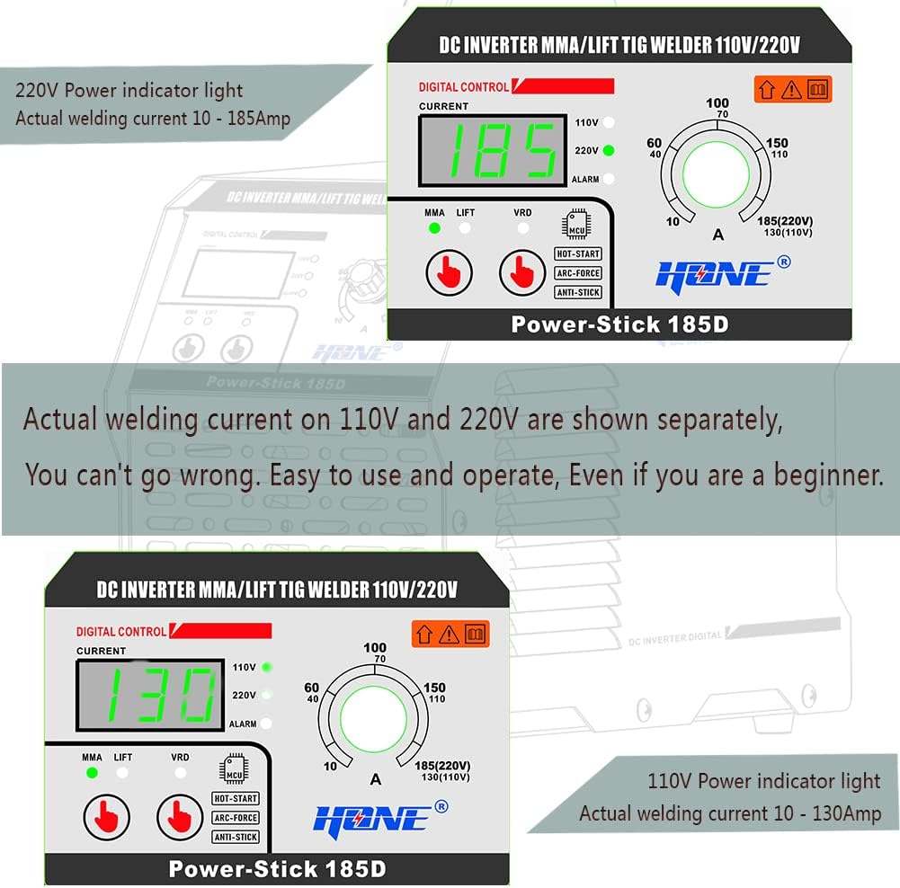 HONE ARC Welder, Actual 185Amp 110V/220V Stick Welder with Lift Tig Function, Digital IGBT Inverter Welding Machine with Hot Start Arc Force Anti-Stick VRD, High Duty Cycle for 1/16-5/32 Welding Rod
