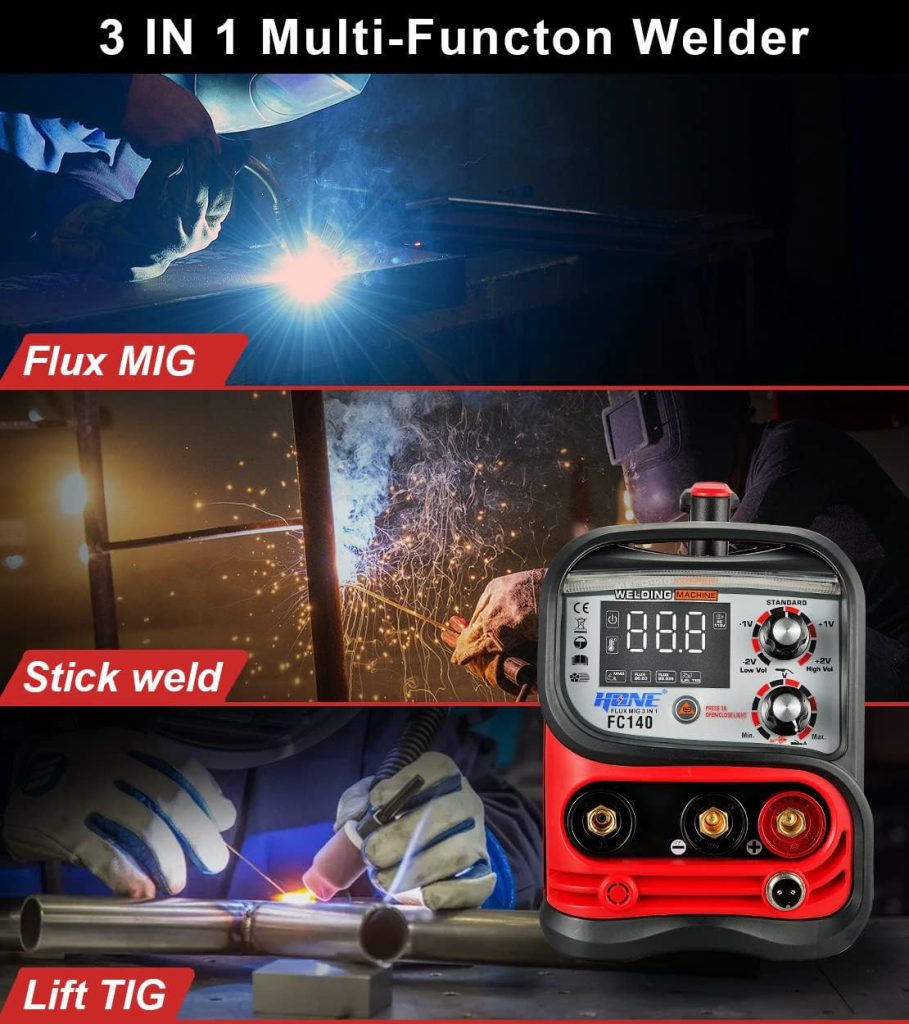 HONE MIG Welder 110V, Actual 140Amp Flux Core Welder/Stick Welder/Lift TIG 3 in 1 Synergic Welding Machine, Smart IGBT Inverter Large LED Display Gasless Wire Welder with Welding Gun