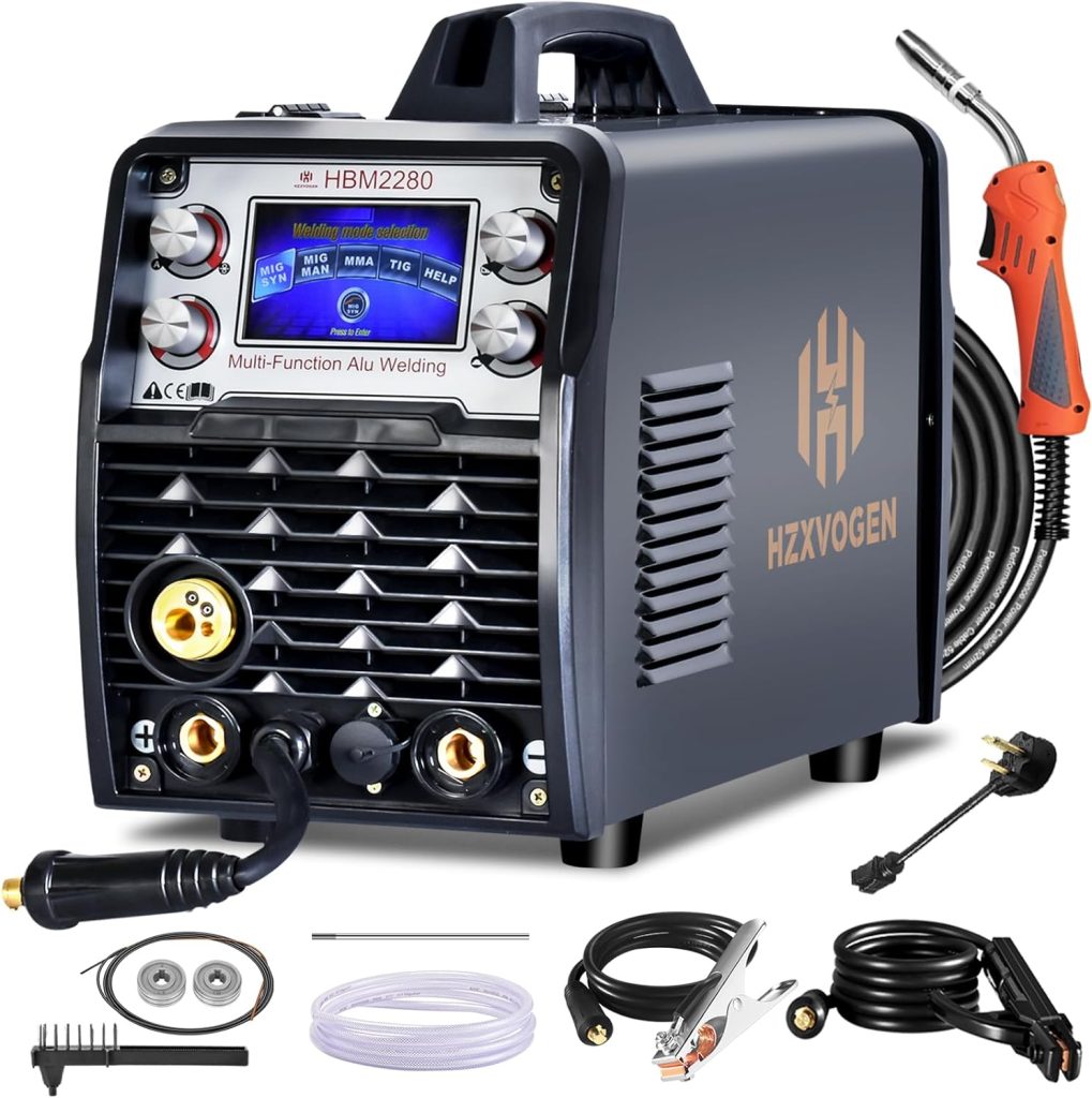 HZXVOGEN 250A Aluminum MIG Welder 6 in 1 Large LCD Display Multiprocess Welding Machine 110V/220V MIG/Gasless Flux Core Welder/Lift TIG/Stick Welder/Spot Welding/Spool Gun IGBT Inverter Welder Machine