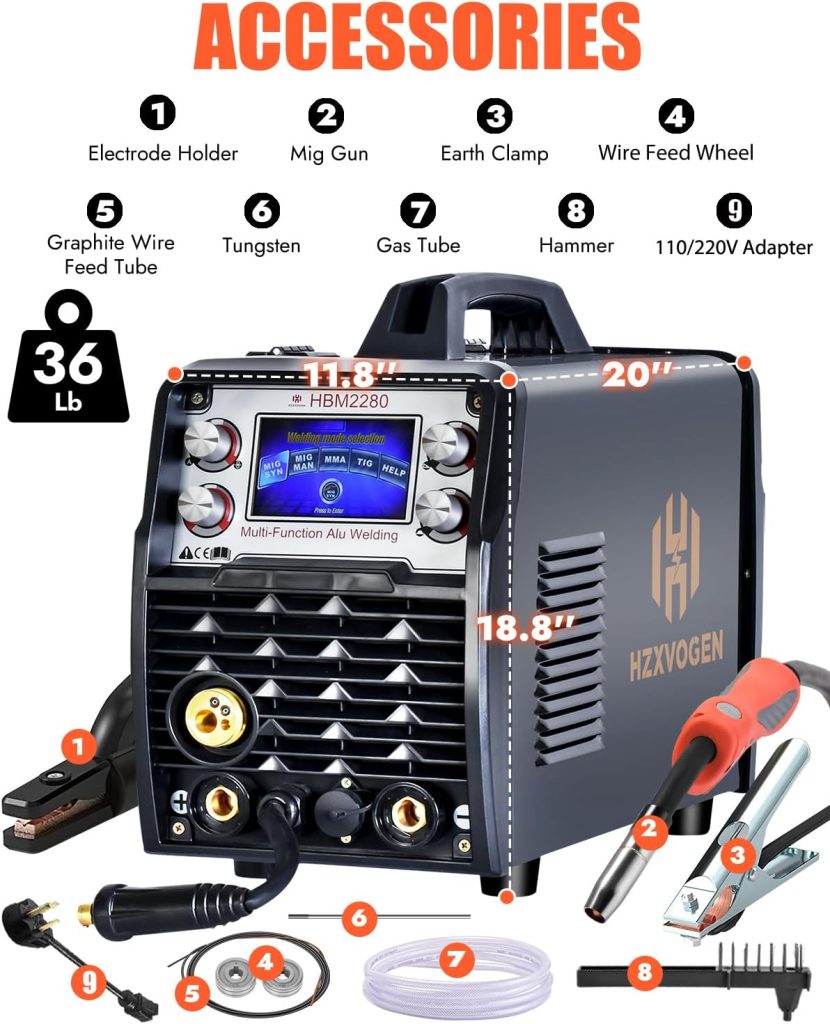 HZXVOGEN 250A Aluminum MIG Welder 6 in 1 Large LCD Display Multiprocess Welding Machine 110V/220V MIG/Gasless Flux Core Welder/Lift TIG/Stick Welder/Spot Welding/Spool Gun IGBT Inverter Welder Machine