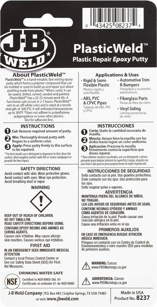 J-B Weld 8237 PlasticWeld Plastic Repair Epoxy Putty - 2 oz.