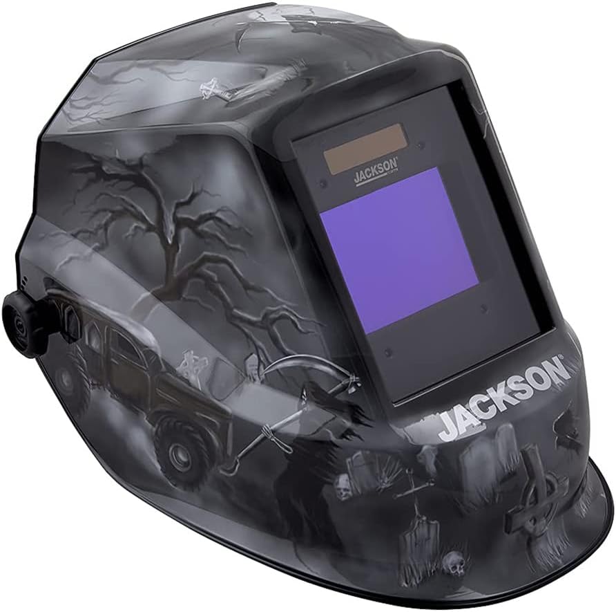 Jackson Safety Premium Auto Darkening Welding Helmet 3/5-13 Shade Range, 1/1/1/1 Optical Clarity, 1/20,000 sec. Response Time, 370 Speed Dial Headgear, Hellfire Graphics, Red/Black, 47101