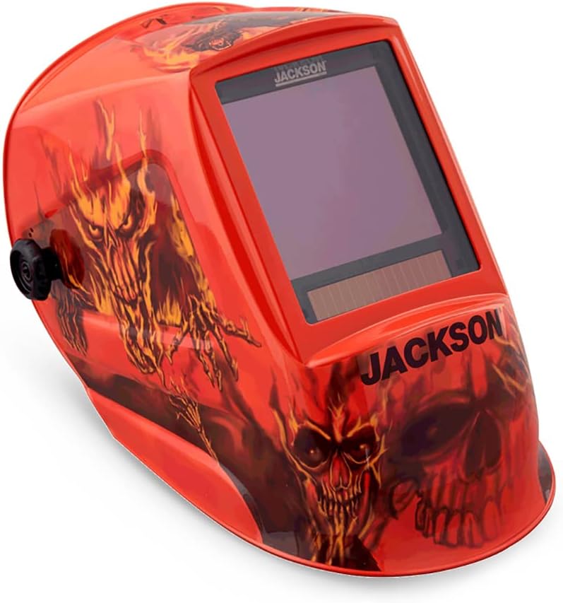 Jackson Safety Premium Auto Darkening Welding Helmet 3/5-13 Shade Range, 1/1/1/1 Optical Clarity, 1/20,000 sec. Response Time, 370 Speed Dial Headgear, Hellfire Graphics, Red/Black, 47101