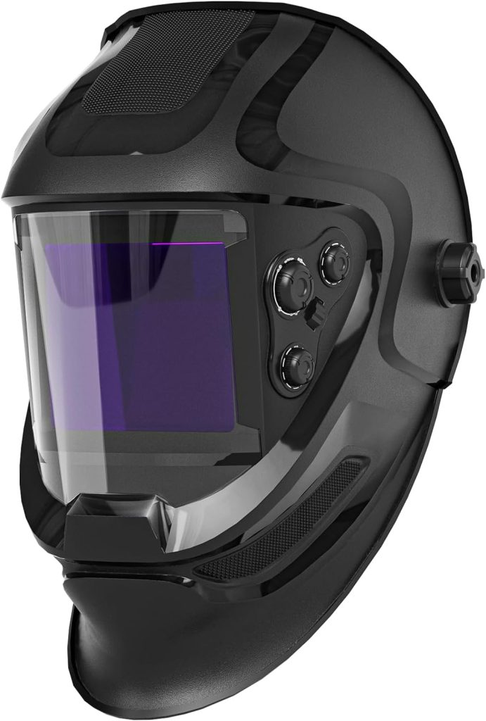 Large Viewing Welding Helmet with Auto Darkening Lens 3.93X3.66 True Color Solar Power Side View 4 Arc Sensor Wide Shade 4/5-9/9-13 for TIG MIG Arc Weld (Matte Black)