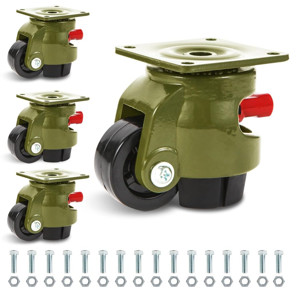 Leveling Casters Wheels, Heavy Duty Workbench Casters with Ratchet Arm 2200 LBS, Green Retractable Casters Set of 4, Nylon Wheels  Leveling Feet, Suitable for Equipment, Workbench