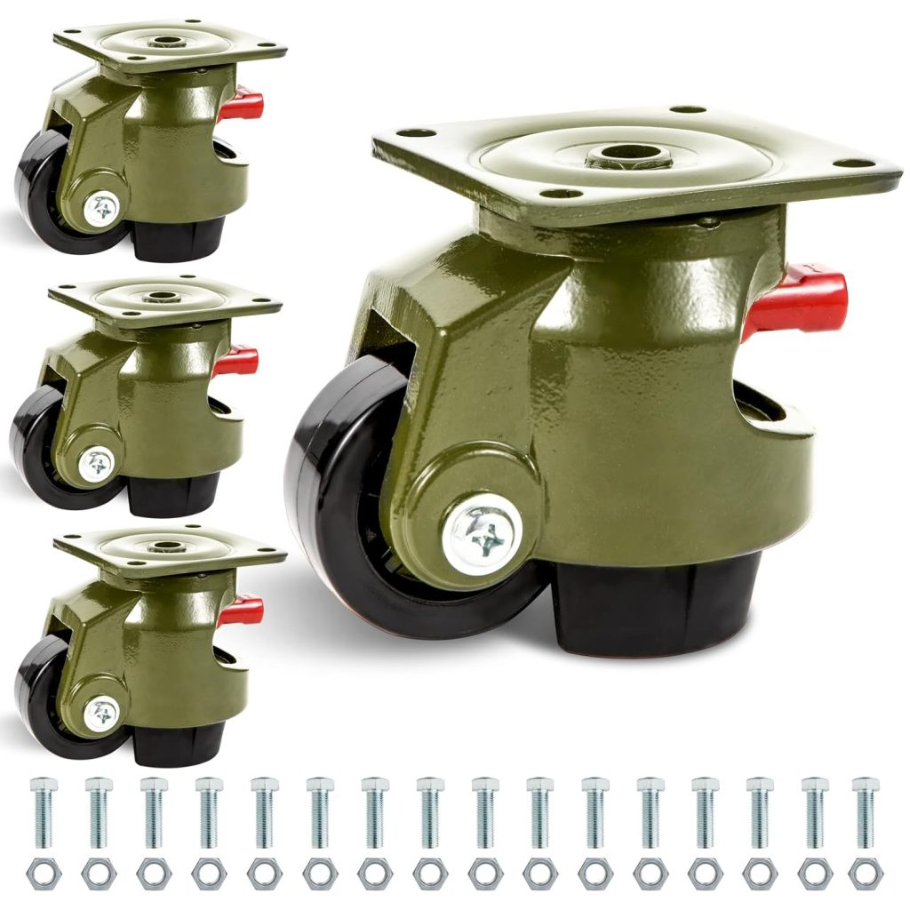 Leveling Casters Wheels, Heavy Duty Workbench Casters with Ratchet Arm 2200 LBS, Green Retractable Casters Set of 4, Nylon Wheels  Leveling Feet, Suitable for Equipment, Workbench