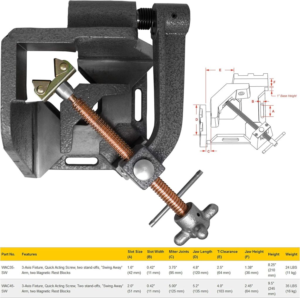 Strong Hand Tools WAC35-SW Strong Hand 3-Axis Fixture Vise with Quick Acting Screw, Two Stand-Offs, Swing Away Arm with 3.75 Miter Joint, 2.45 T-Clearance