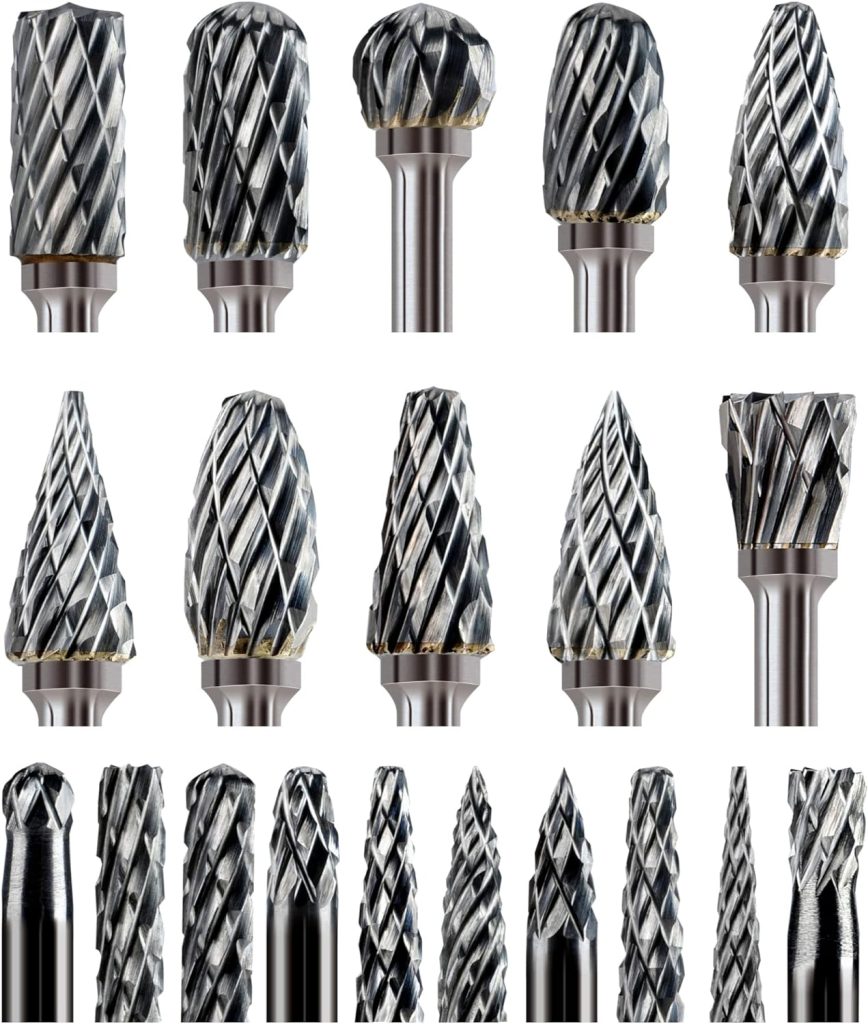 Sworker Carbide Burr Set 1/4 Shank 8PCS w/Wood Base Die Grinder Bits Rotary Rasp File for Metal Welds Concrete Stone Wood Plastic Carving Cutting Cleaning Grinding Engraving Porting Polishing