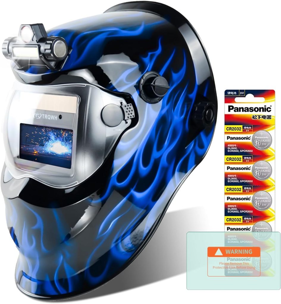 TRQWH Welding Helmets for Men True Color Welding Hood Auto Darkening with Light, Solar Power 2 Arc Sensor Wide Shade 9-13 Welding Mask with Extra Grinding Mode (Blue Fire)