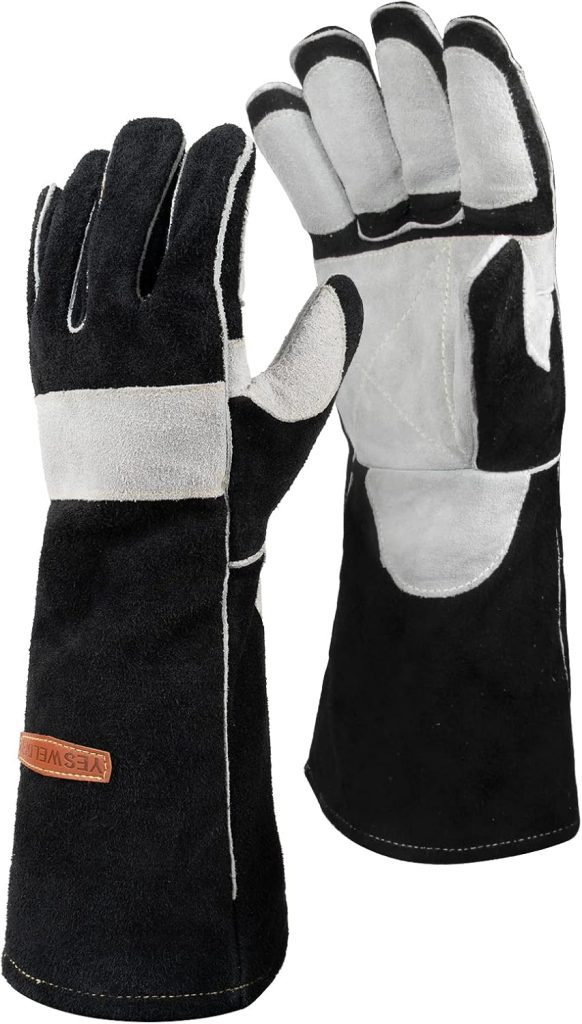 YESWELDER 16 Inches,932℉,Leather Forge MIG Welding Gloves, with Kevlar Stitching Heat/Fire Resistant, Palm Reinforcements, Black-Gray