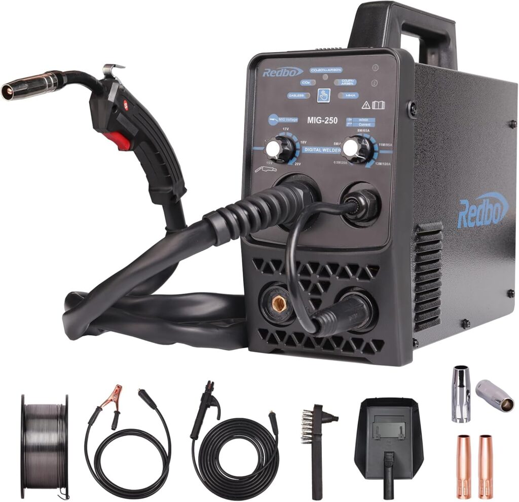 Redbo MIG-250 Gas/Gasless/Lift TIG/ARC 4 in 1 Multiprocess 130Amp Mig Welder,110V Household Small Pure Copper ARC MMA Stick Welder,Automatic Wire Feeding MIG Welding Machine