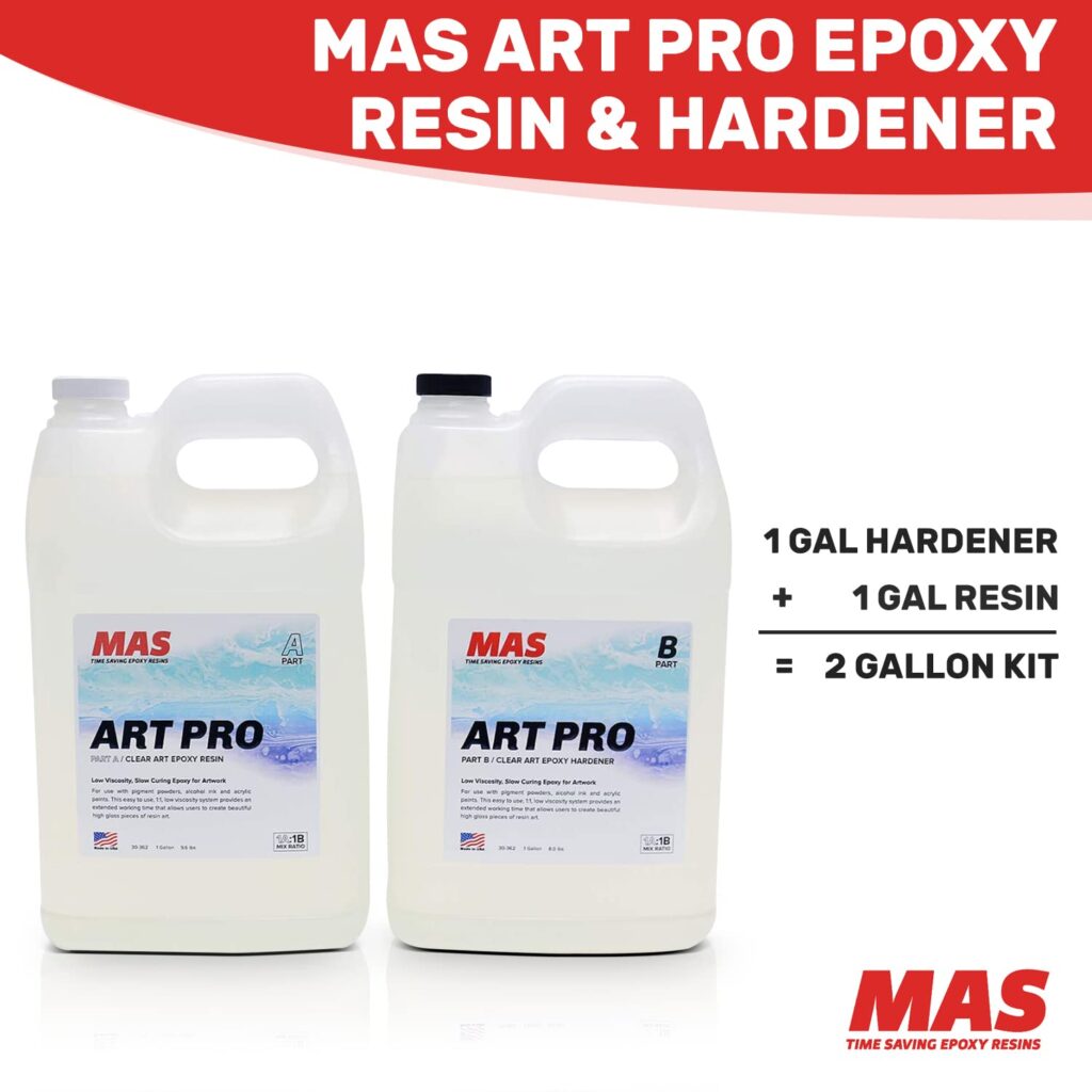 MAS Epoxies Art Pro Epoxy Clear Kit 1-Gallon (0.5-Gal Resin and 0.5-Gal Hardener) Low Viscosity and Enhanced UV Resistance, Ideal for Jewelry Making, Flower Preservation, and Other Resin Crafts