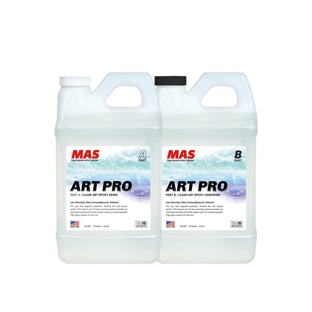 MAS Epoxies Art Pro Epoxy Clear Kit 1-Gallon (0.5-Gal Resin and 0.5-Gal Hardener) Low Viscosity and Enhanced UV Resistance, Ideal for Jewelry Making, Flower Preservation, and Other Resin Crafts