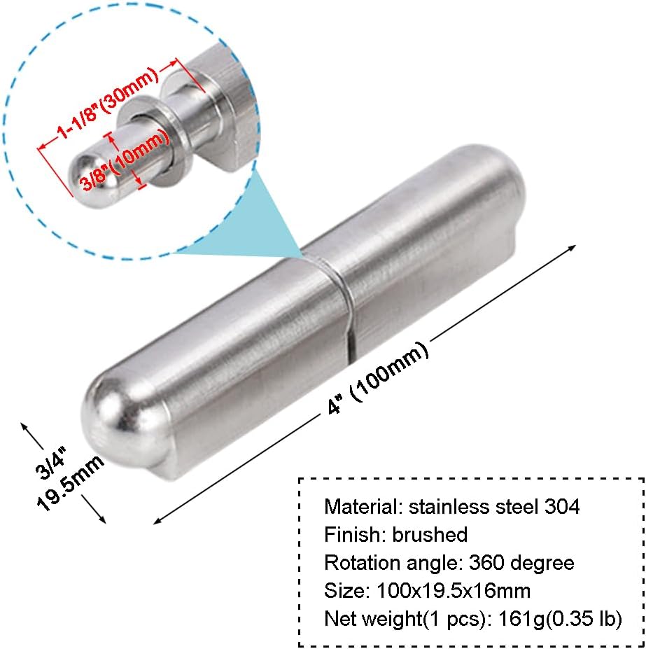 4 Pack 4 Weld On Bullet Hinges, Stainless Steel 304 Weldable Barrel Hinges, Heavy Duty Detachable Gate Door Hinge for Metal Swing Door, Trailer Ramp Gate, Dia 3/8 Pin