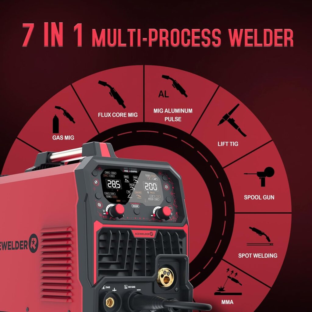 Aluminum MIG Welder with Pulse 200A 7 in 1 Gas MIG/Pulse MIG/Gasless Flux Core/Stick/Lift TIG/Spot Weld/Spool Gun Compatible 110V/220V Multiprocess Welding Machine