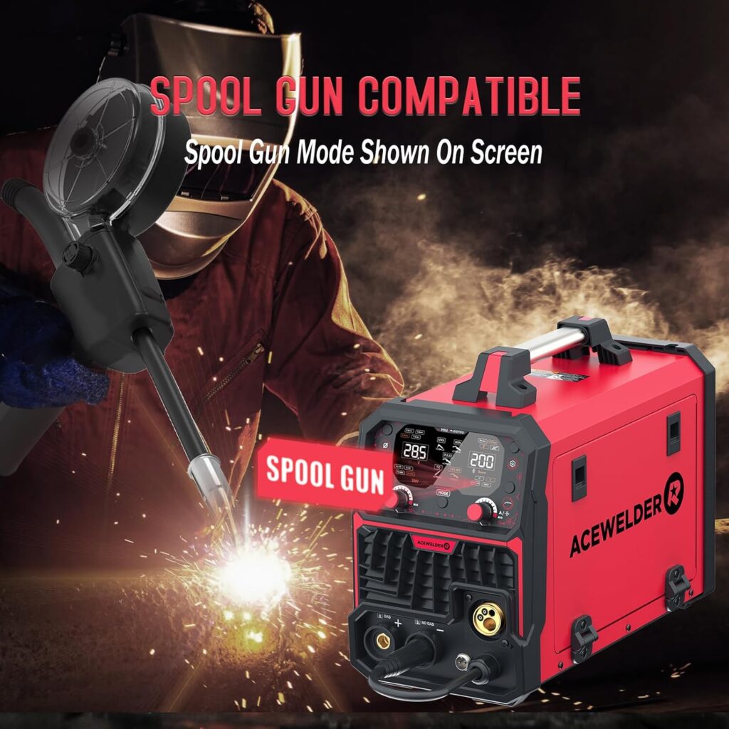 Aluminum MIG Welder with Pulse 200A 7 in 1 Gas MIG/Pulse MIG/Gasless Flux Core/Stick/Lift TIG/Spot Weld/Spool Gun Compatible 110V/220V Multiprocess Welding Machine