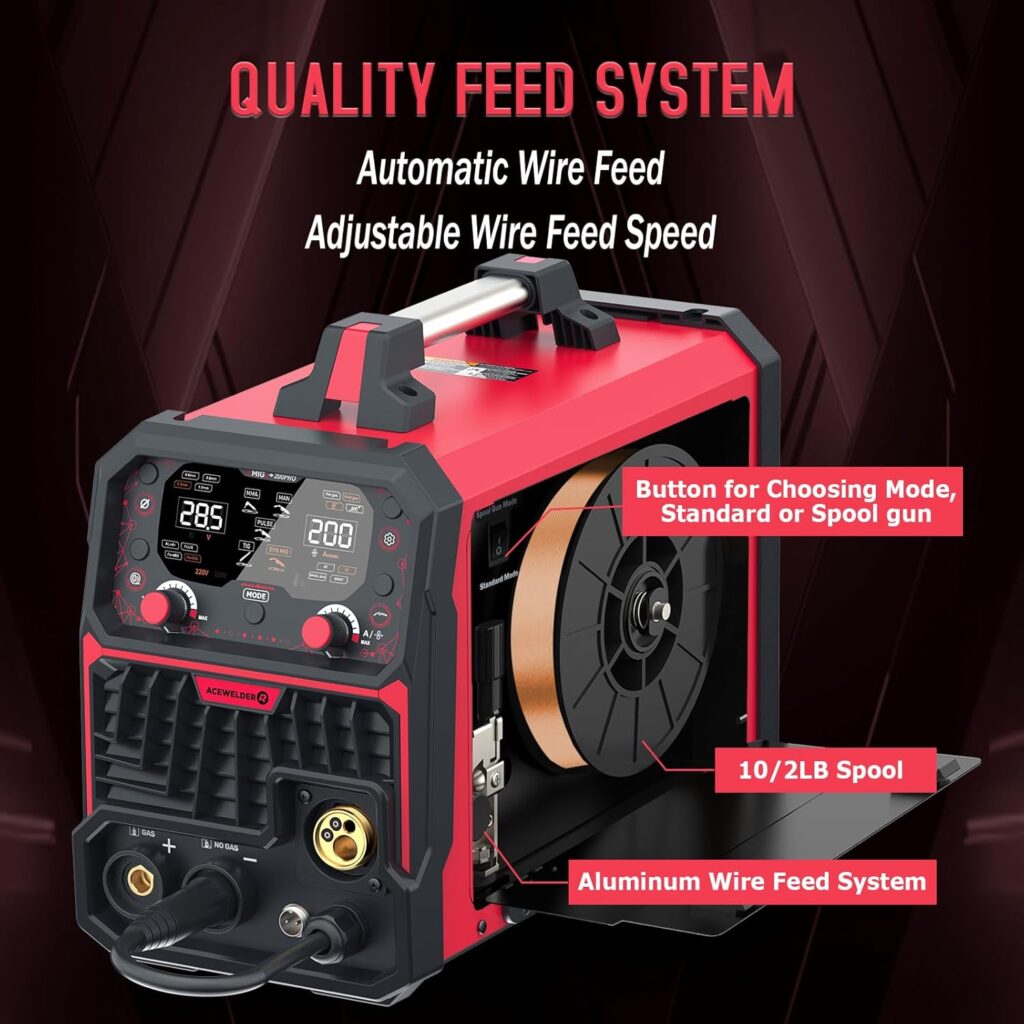Aluminum MIG Welder with Pulse 200A 7 in 1 Gas MIG/Pulse MIG/Gasless Flux Core/Stick/Lift TIG/Spot Weld/Spool Gun Compatible 110V/220V Multiprocess Welding Machine