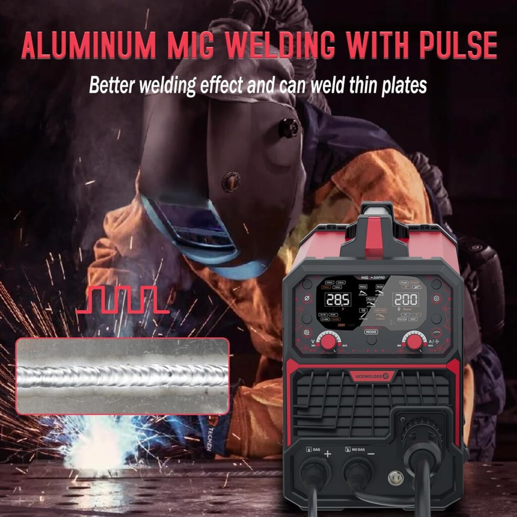 Aluminum MIG Welder with Pulse 200A 7 in 1 Gas MIG/Pulse MIG/Gasless Flux Core/Stick/Lift TIG/Spot Weld/Spool Gun Compatible 110V/220V Multiprocess Welding Machine