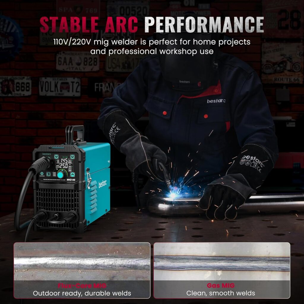 bestarc 145A MIG Welder, 110V/220V Gasless Flux Core MIG Welder/Lift TIG/Stick 3 in 1 Synergic MIG145 5GEN Welding Machine, Portable Flux Welder with Digital Screen Display