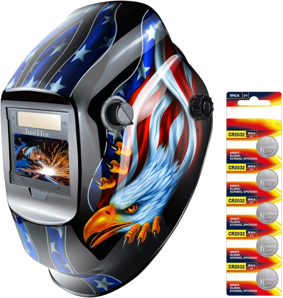 Welding Helmet Auto Darkening Welding Hood True Color Solar Powered Welding Mask 1/1/1/1 Optical Clarity Weld Helmet Wide Shade 5-9/9-13 with 4 Arc Sensor Welding Helmets for Men (JH-CD06)