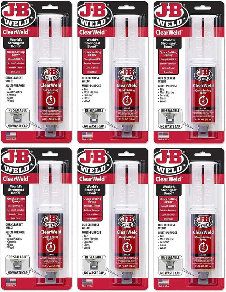 J-B Weld 50112 6 Pack 0.85 oz. ClearWeld Syringe Quick Setting Epoxy, Clear J-B Weld 50112 6 Pack 0.85 oz. ClearWeld Syringe Quick Setting Epoxy, Clear