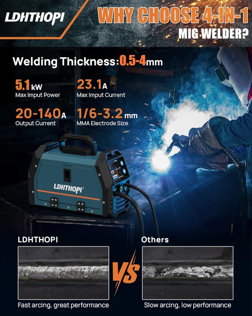 LDHTHOPI 140A MIG Welder, 4-in-1 Flux Core/Solid Wire/Lift TIG/Stick Welder, 110V Gas/Gasless Welder Machine for Home, Car, Yard, Workshop, Farm LDHTHOPI 140A MIG Welder, 4-in-1 Flux Core/Solid Wire/Lift TIG/Stick Welder, 110V Gas/Gasless Welder Machine for Home, Car, Yard, Workshop, Farm