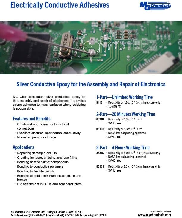 MG Chemicals 8331S Silver Epoxy Adhesive - High Conductivity, 4 hr. Working time, 15 g, 2 Dispeners (8331S-15G) MG Chemicals 8331S Silver Epoxy Adhesive - High Conductivity, 4 hr. Working time, 15 g, 2 Dispeners (8331S-15G)