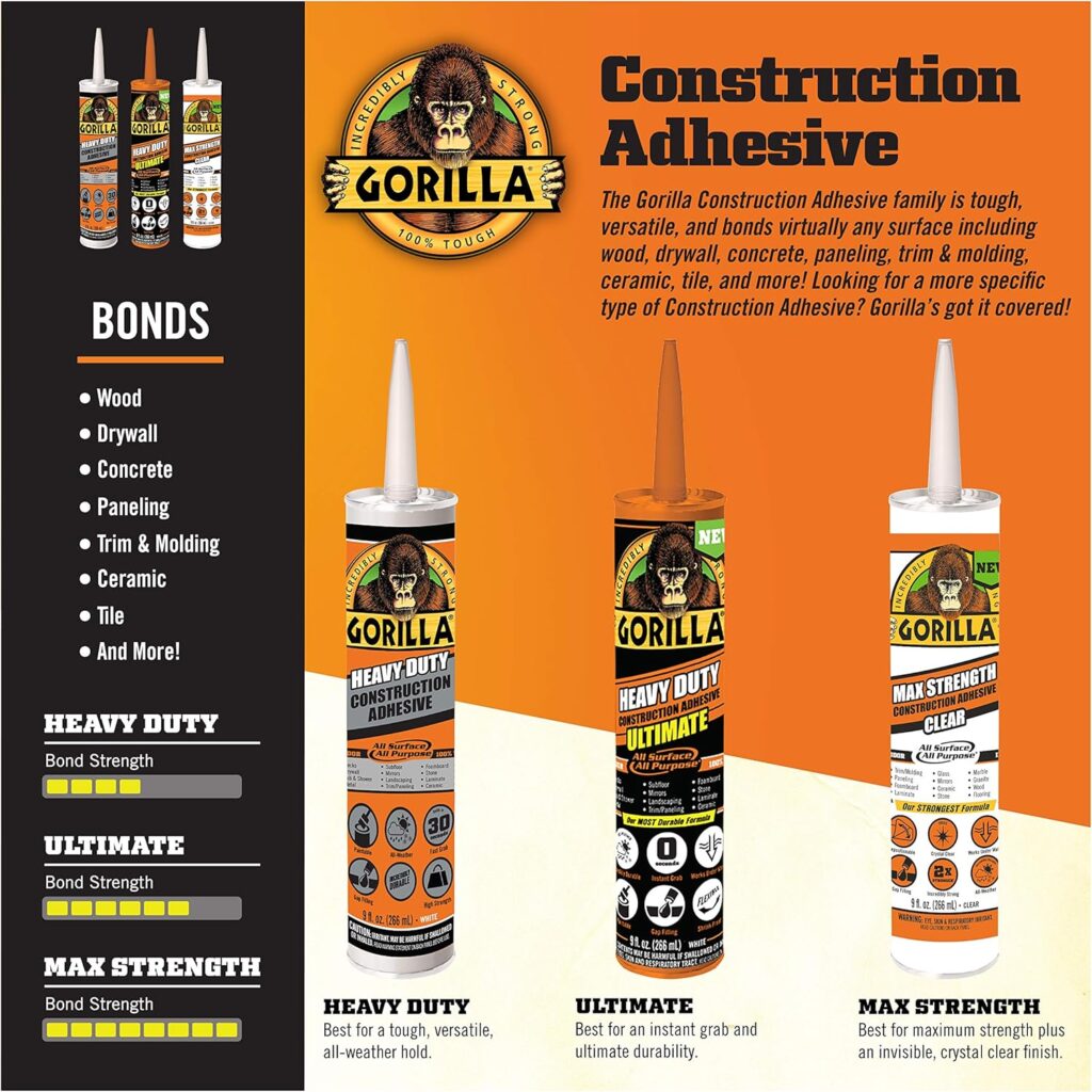 Gorilla Heavy Duty Construction Adhesive, White Glue, Ounce Cartridge (Pack of 1) - Gap Filling and Waterproof Gorilla Heavy Duty Construction Adhesive, White Glue, Ounce Cartridge (Pack of 1) - Gap Filling and Waterproof