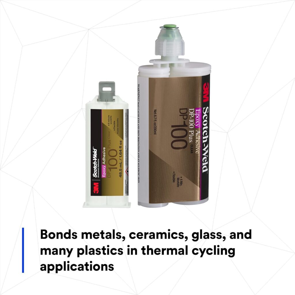 3M Scotch-Weld Epoxy Adhesive DP100 Plus, Clear, Professional Grade, Fast Handling and Cure, 48.5 mL (1.64 fl oz) Duo-Pak 3M Scotch-Weld Epoxy Adhesive DP100 Plus, Clear, Professional Grade, Fast Handling and Cure, 48.5 mL (1.64 fl oz) Duo-Pak